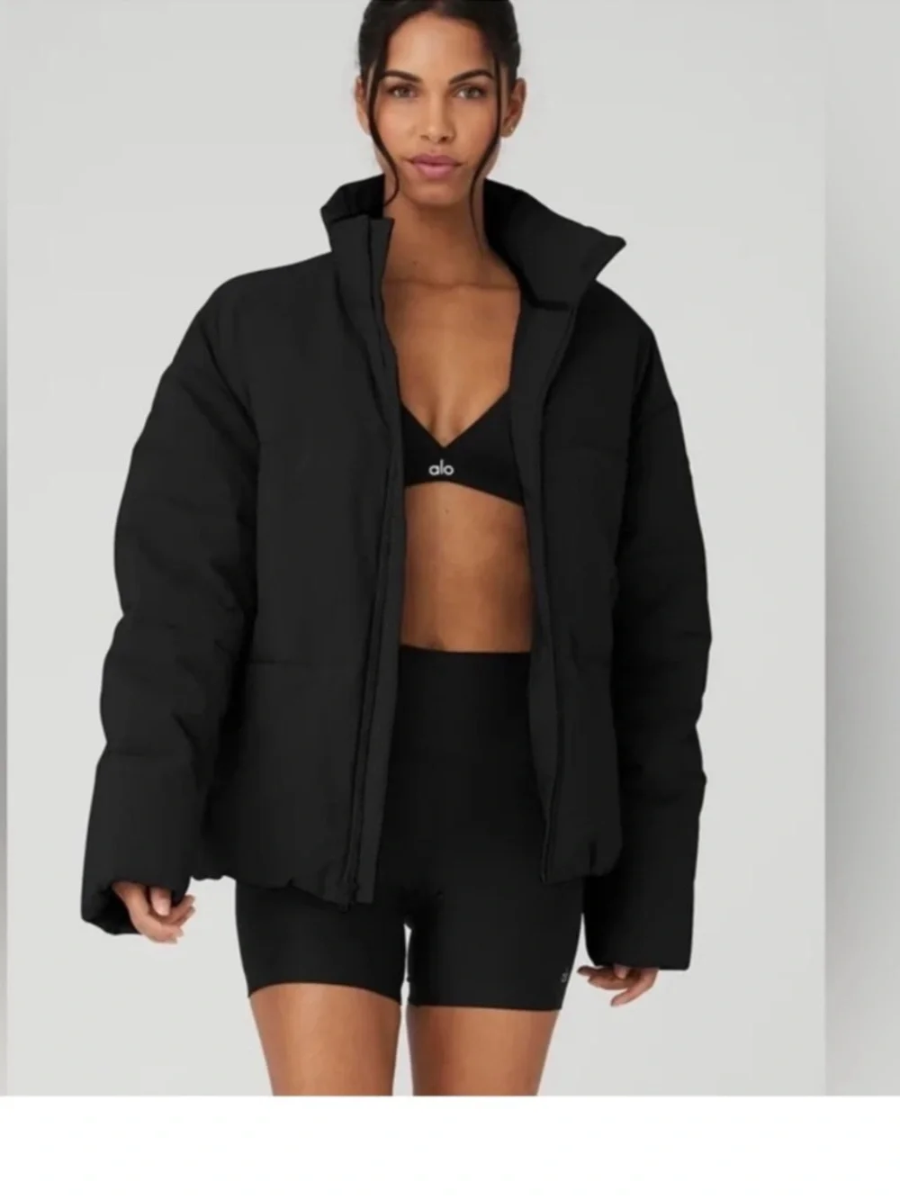 ALO Yoga Black Oversized Puffer Jacket with Stand Collar